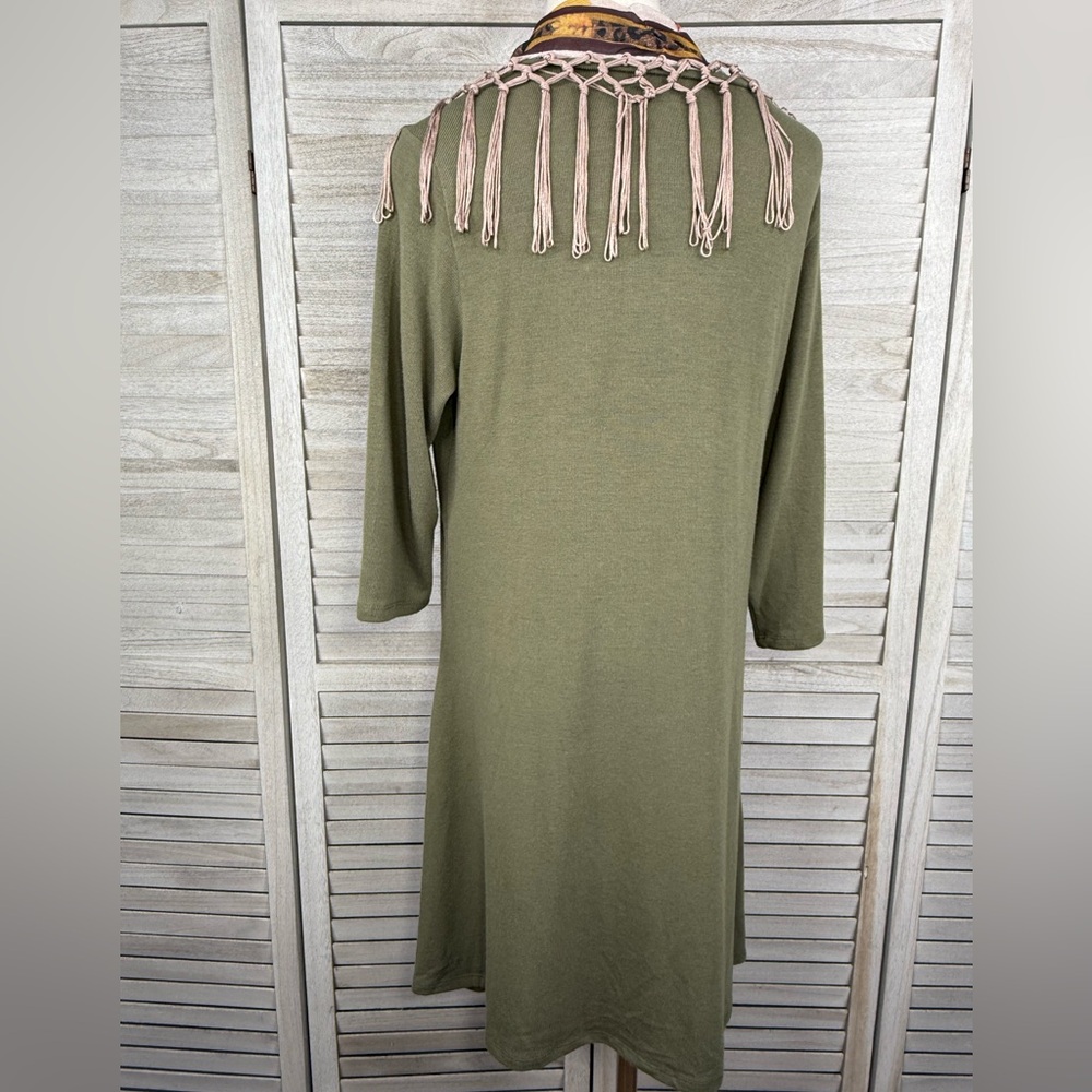 CACTUS + PEARL Olive Green 3/4 Sleeve Midi Dress w Removable Scarf Fall/Boho-M - Picture 3 of 3
